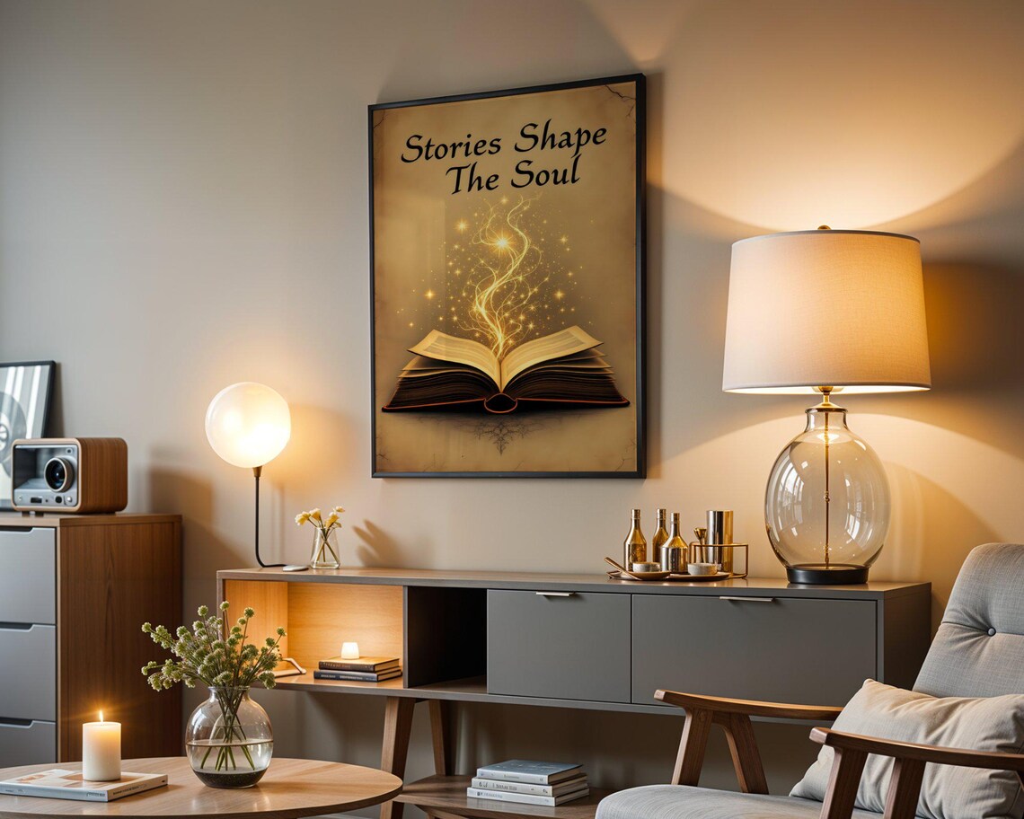 Stories Shape the Soul Glowing Open Book Literary Magic Quote Wall Poster - Image 4