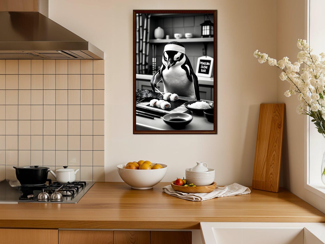 Funny Penguin Sushi Bar Chef Black and White Kitchen Dining Poster - Image 4