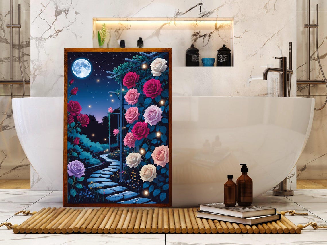 Moonlit Rose Garden Path Trellis Night Floral Scene Art Print - Image 5