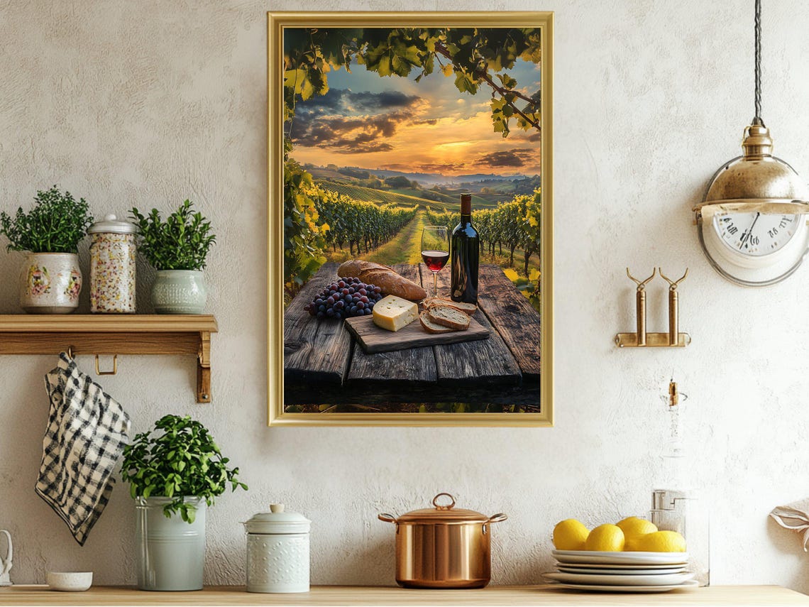 Vineyard Sunset Wall Art Wine And Cheese Landscape Print Rustic Countryside Decor Grape Vineyard Photography Dining Room Wall Decor
