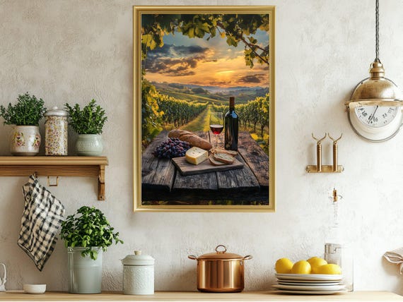 Vineyard Sunset Wall Art Wine And Cheese Landscape Print Rustic Countryside Decor Grape Vineyard Photography Dining Room Wall Decor