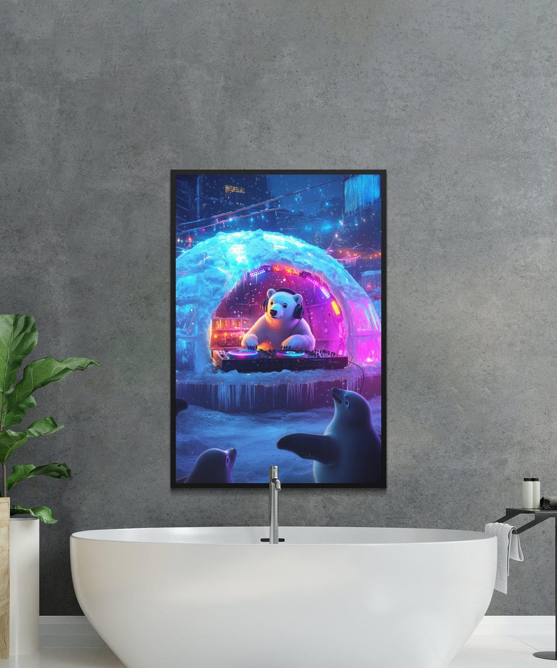 Polar Bear DJ in a Neon Igloo Club With Dancing Penguin Poster - Image 2