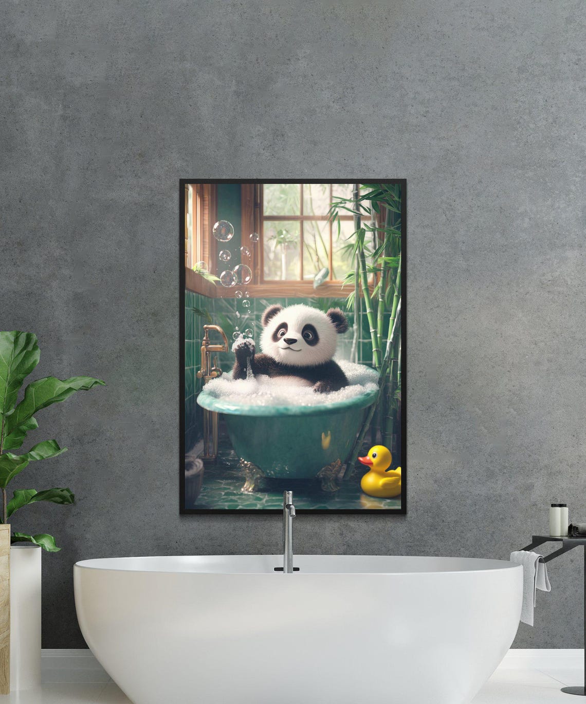 Cute Panda Bubble Bath with Rubber Duck Bathroom Fun Wall Art - Image 2
