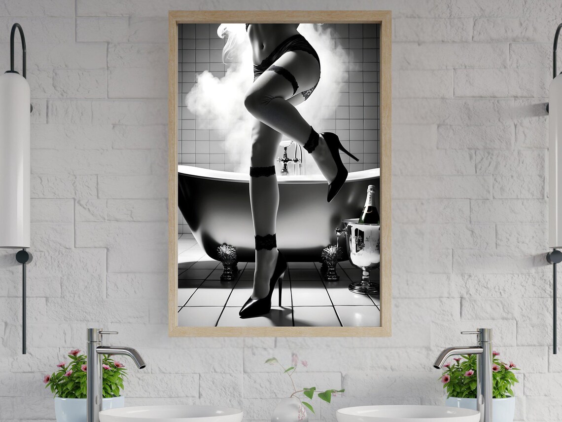 Woman In Lingerie Beside Steaming Clawfoot Bathtub Champagne Poster