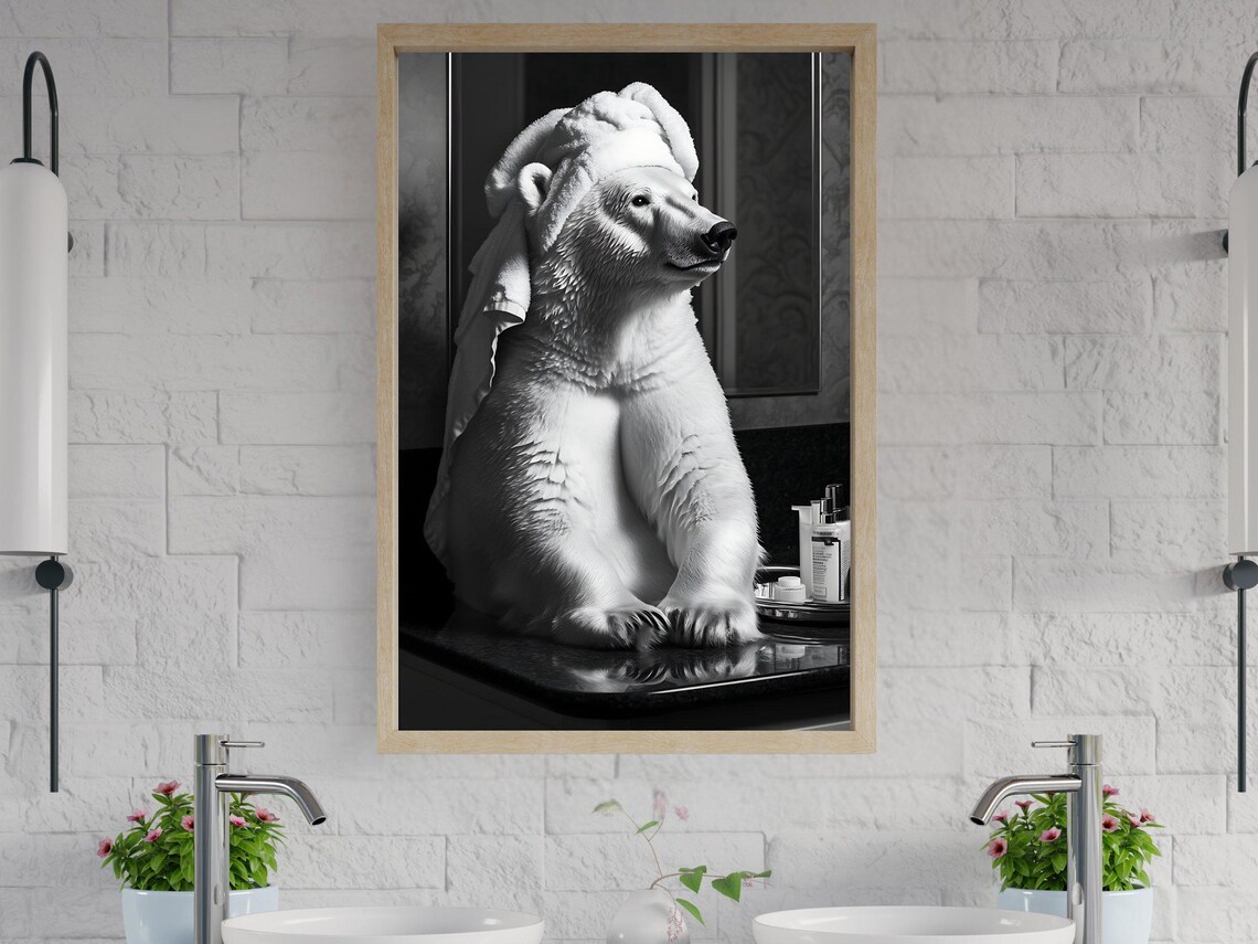 Polar Bear With a Towel on Its Head Sitting on a Bathroom Counter Poster