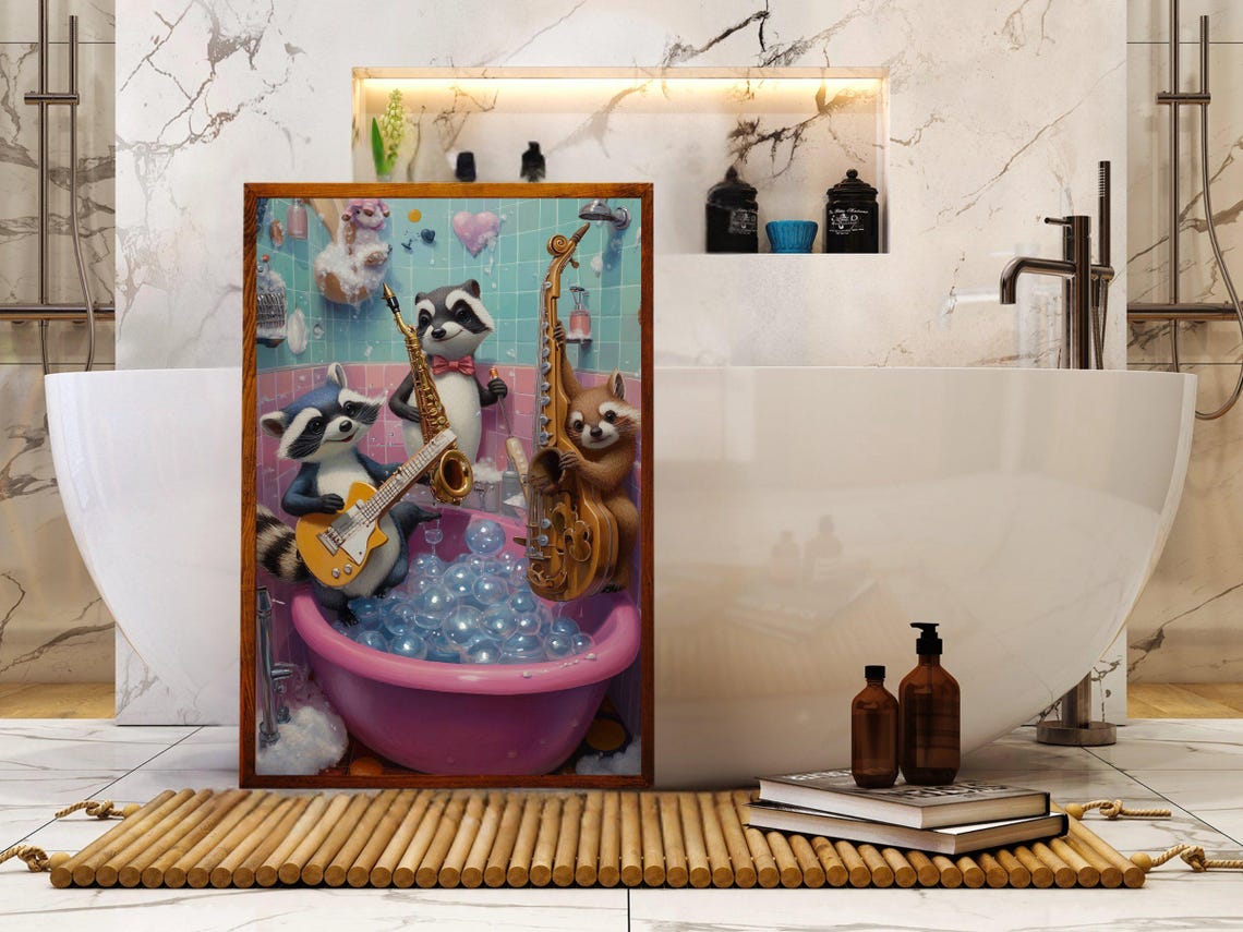 Raccoon Jazz Band Playing in a Bubble Bath Pink Tub Party Print - Image 5