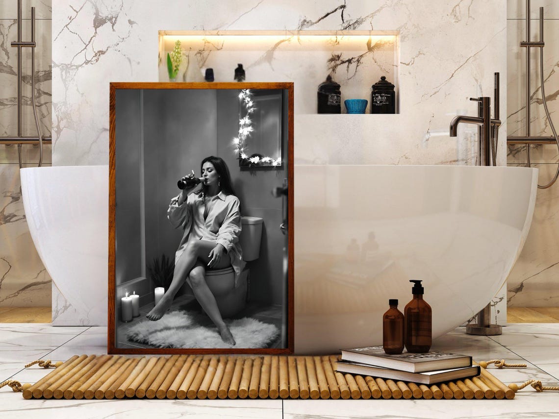 Woman Drinking From A Bottle In A Cozy Candlelit Bathroom Poster - Image 4