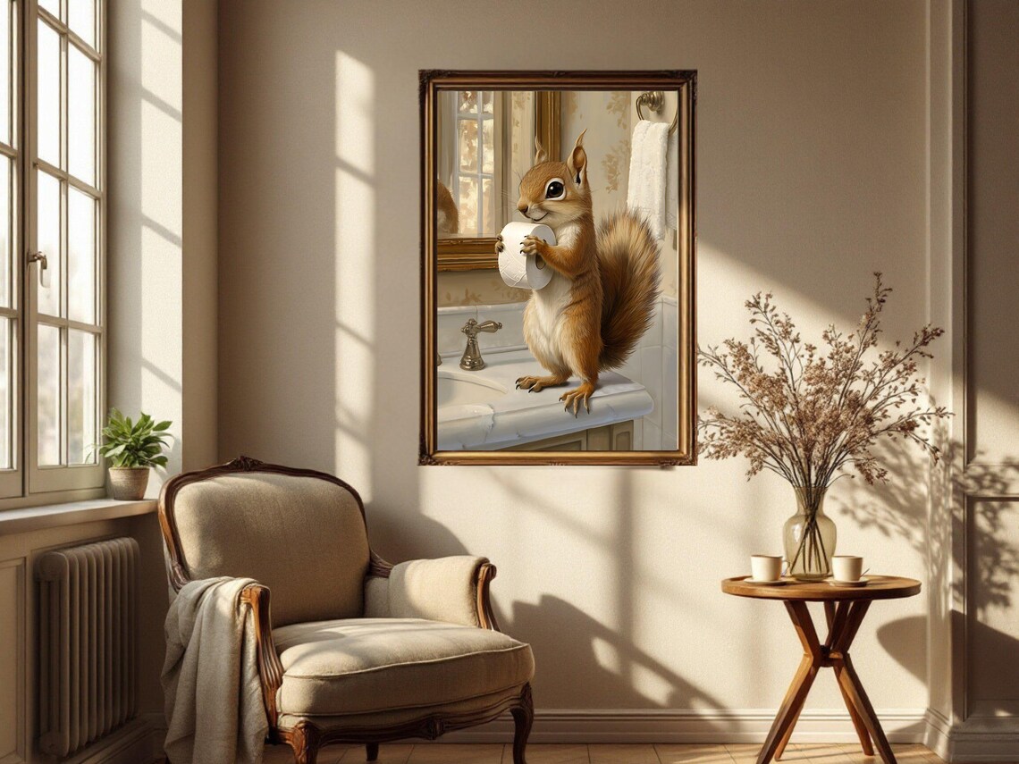 Cheerful Squirrel Holding a Toilet Paper Roll on a Bathroom Sink Poster - Image 3
