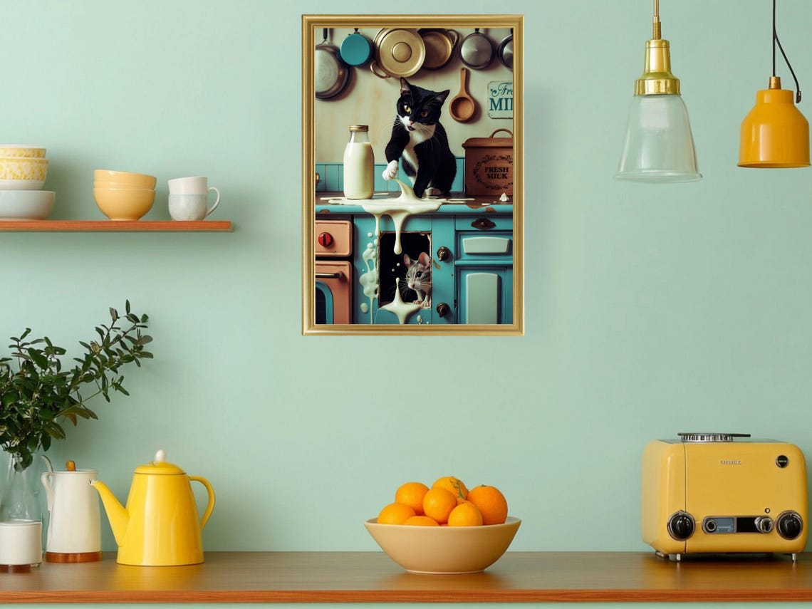 Funny Mischievous Cat Spilling Milk Mouse Retro Kitchen Art Print - Image 3