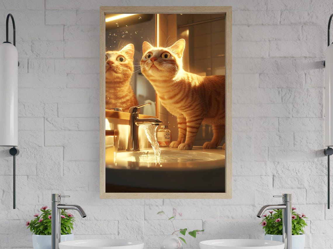 Curious Ginger Tabby Cat Watching Water Run From the Faucet Poster