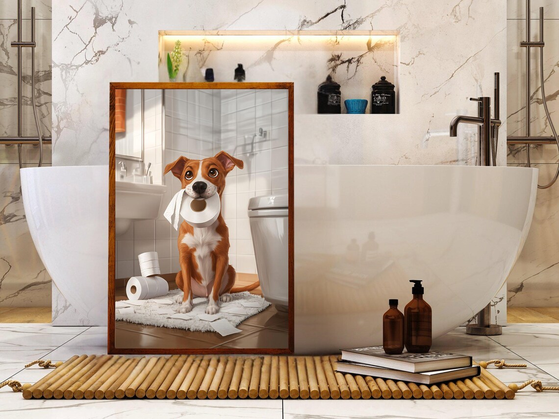 Adorable Dog With Toilet Paper In Mouth Funny Bathroom Animal Poster - Image 5