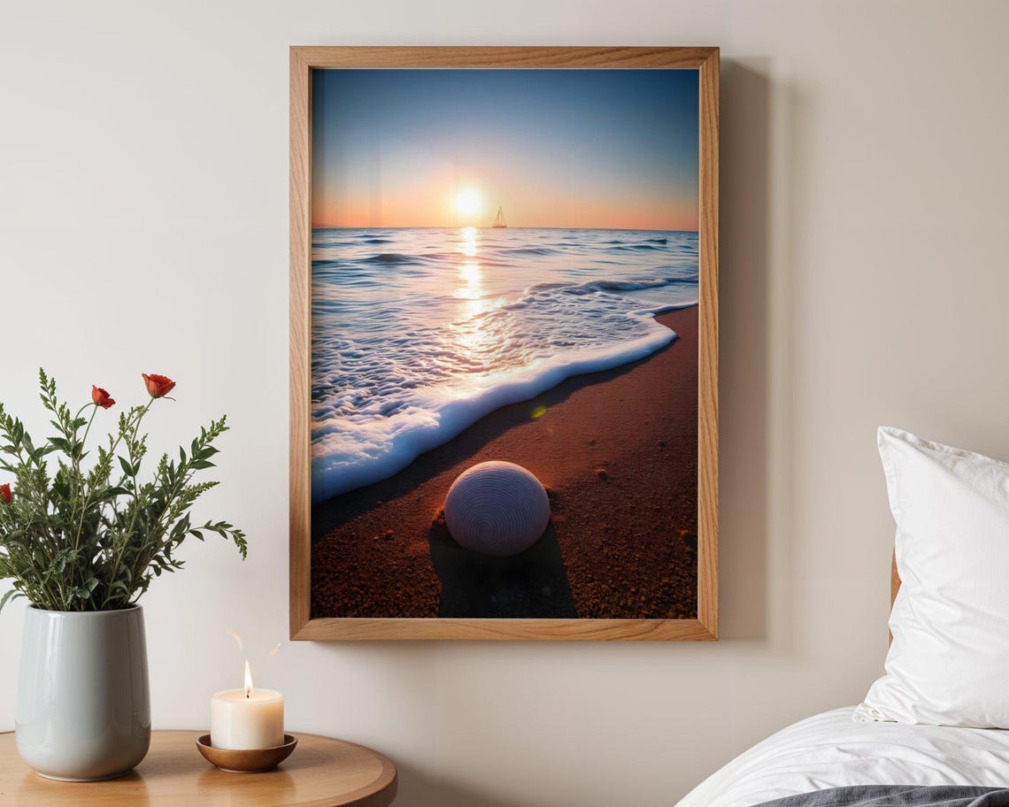 Striped Seashell Resting on Red Beach Sand at Golden Sunset Poster