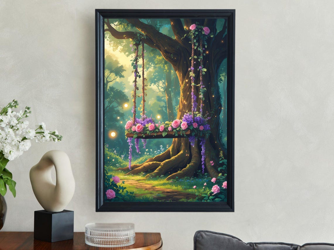 Rose Covered Tree Swing Enchanted Forest Floral Scene Art Print