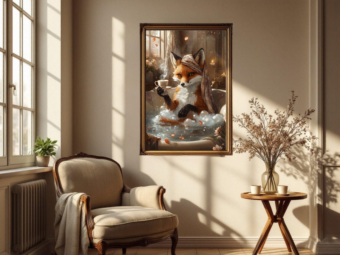 Elegant Fox Enjoying Hot Tea in a Rose Petal Bubble Bath Poster - Image 4