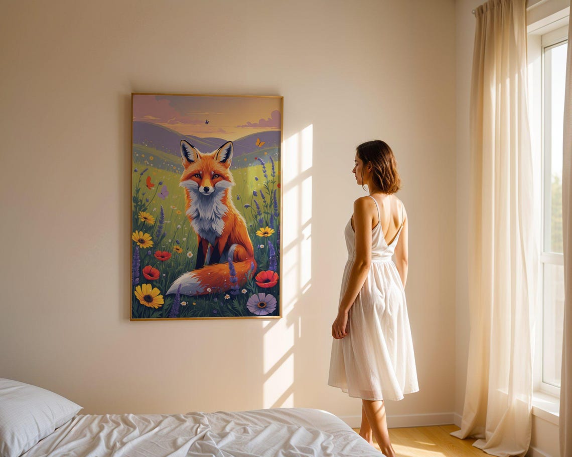 Red Fox Sitting In A Wildflower Meadow With Poppies At Sunset Poster - Image 4