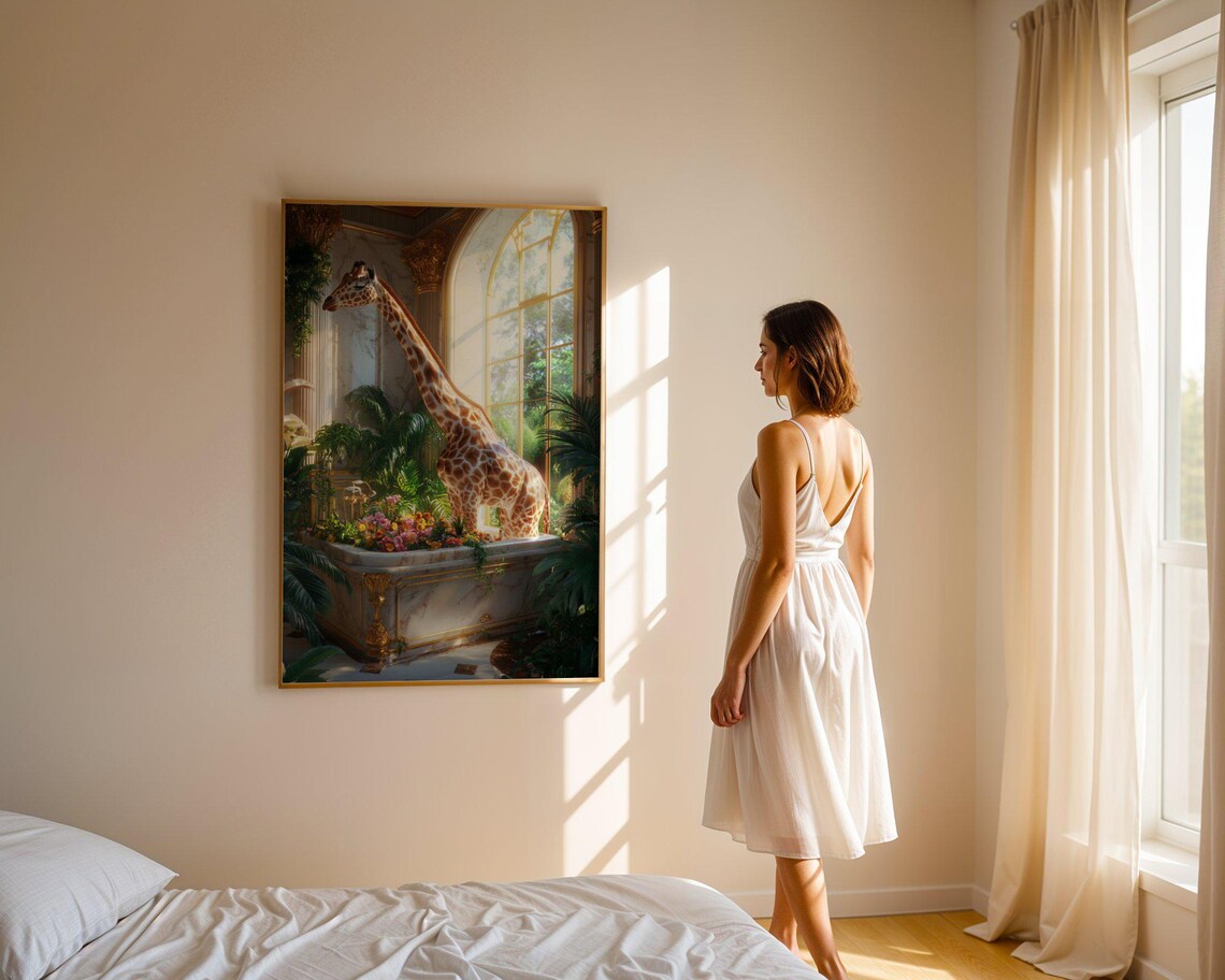 Giraffe in a Sunlit Marble Tub by Tall Arched Windows Day Poster - Image 3