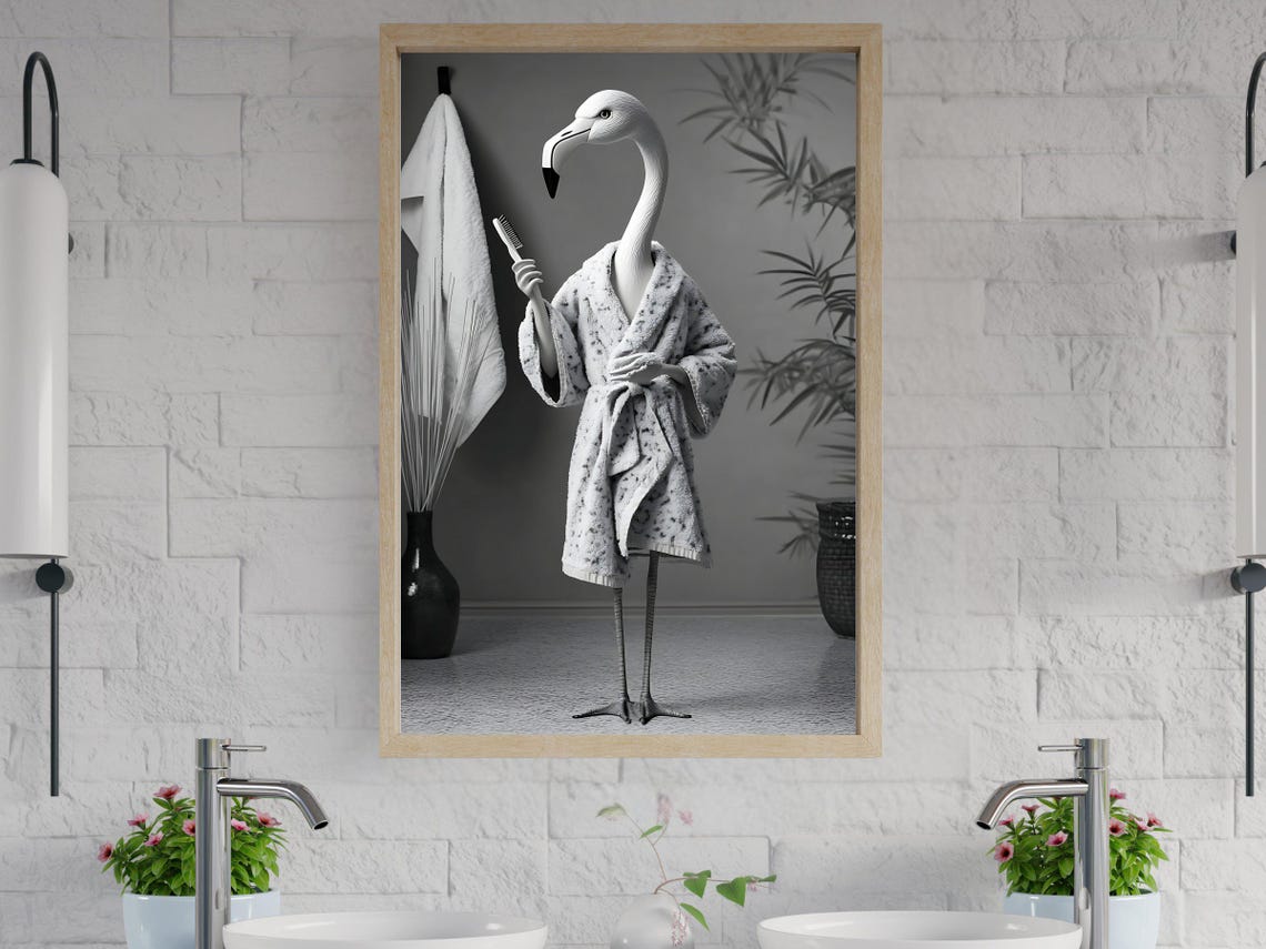 Flamingo in a Bathrobe Holding a Hairbrush After a Shower Poster