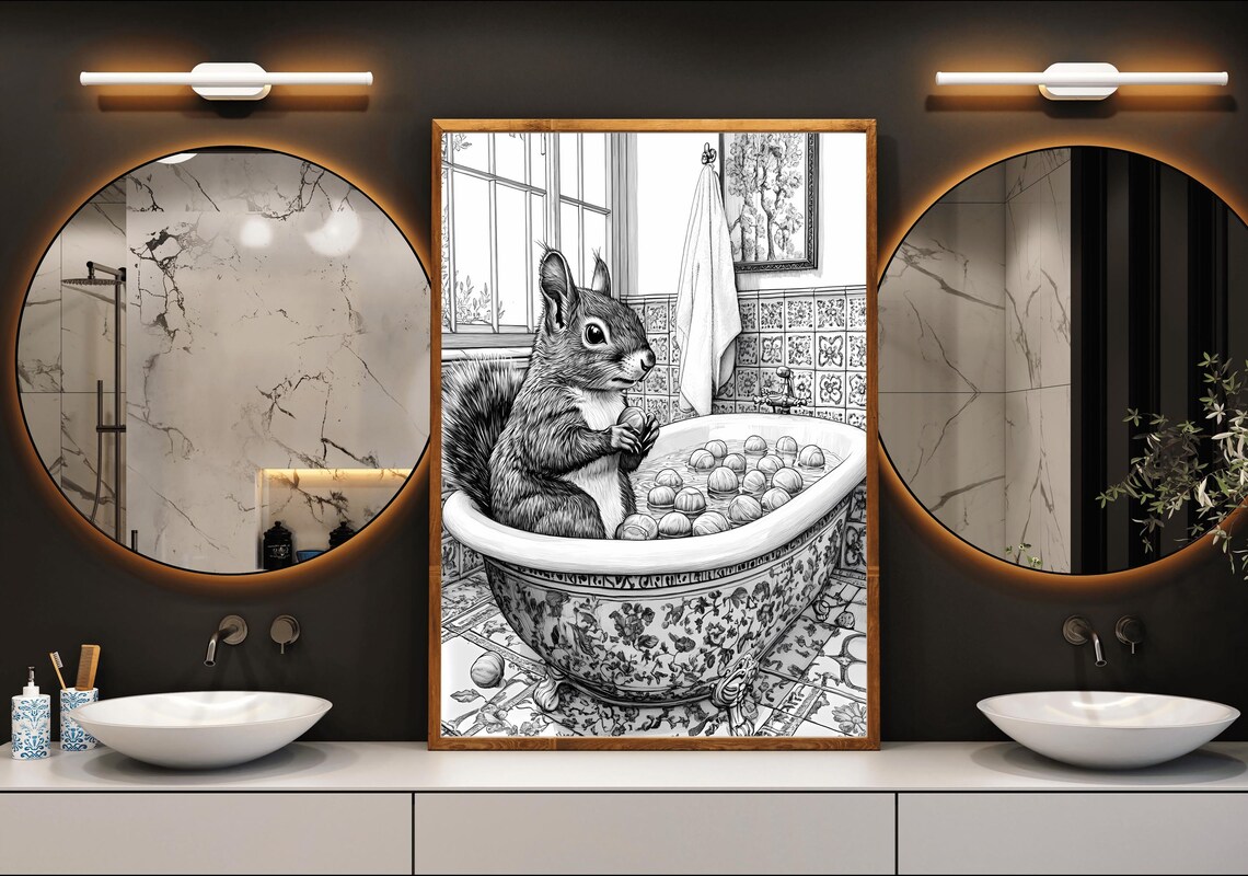 Squirrel In Vintage Bathtub Black And White Animal Art Poster - Image 3