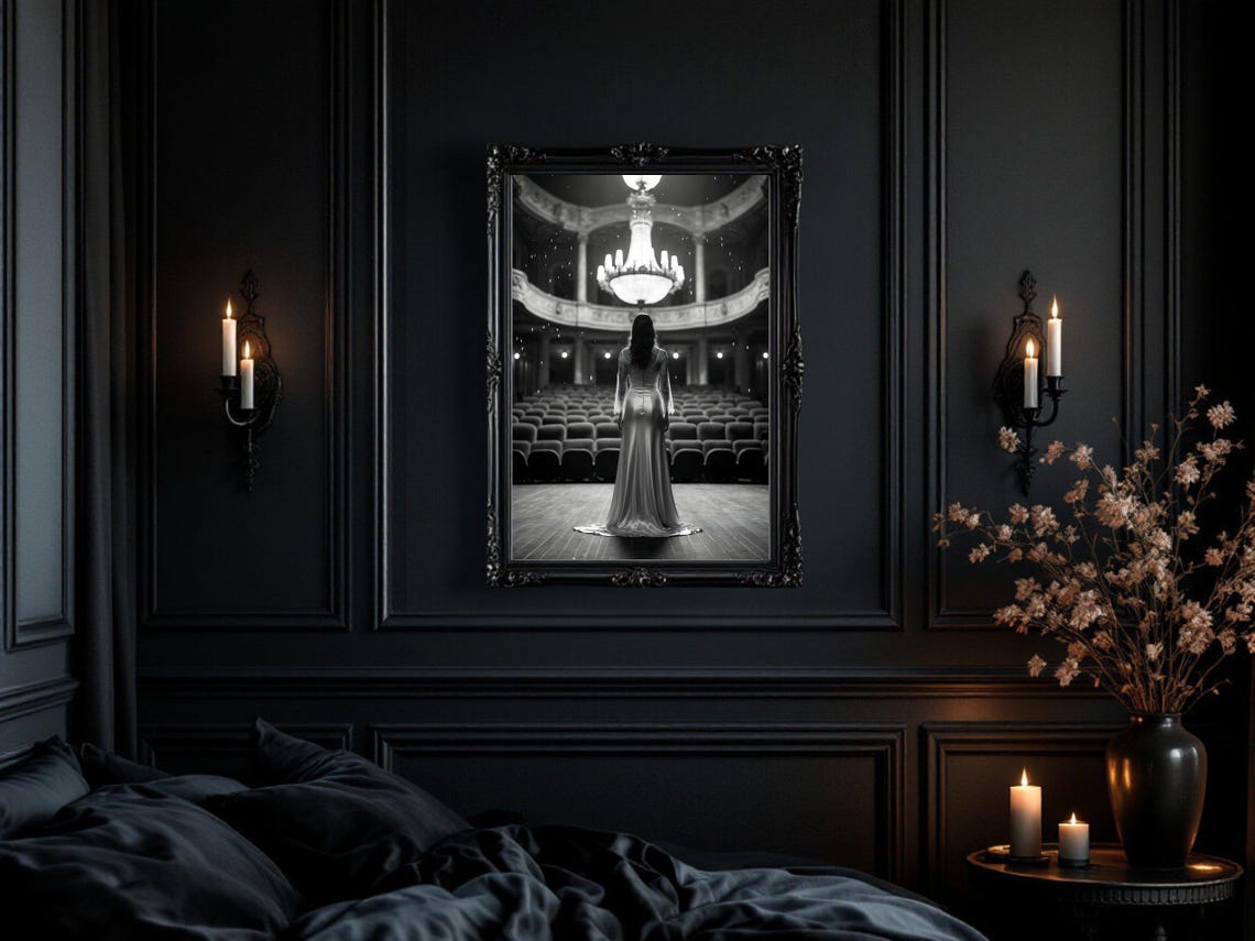 Woman in Gown Facing Empty Theater Stage, Dramatic B&W Poster - Image 3