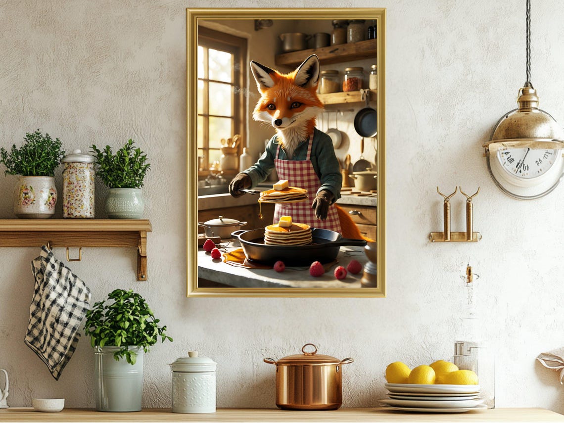 Fox Chef Making Pancakes Cozy Kitchen Funny Animal Art Print