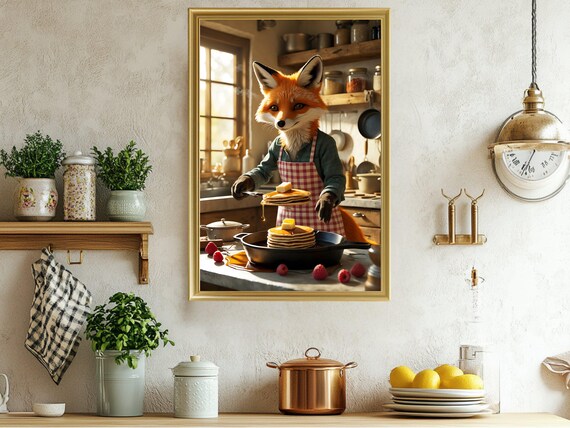 Fox Chef Making Pancakes Cozy Kitchen Funny Animal Art Print