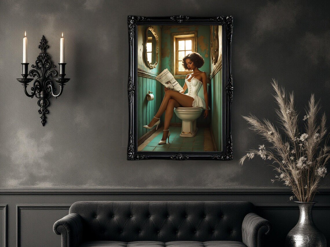 Woman in Corset Reading Newspaper in Quirky Green Bathroom Poster - Image 4