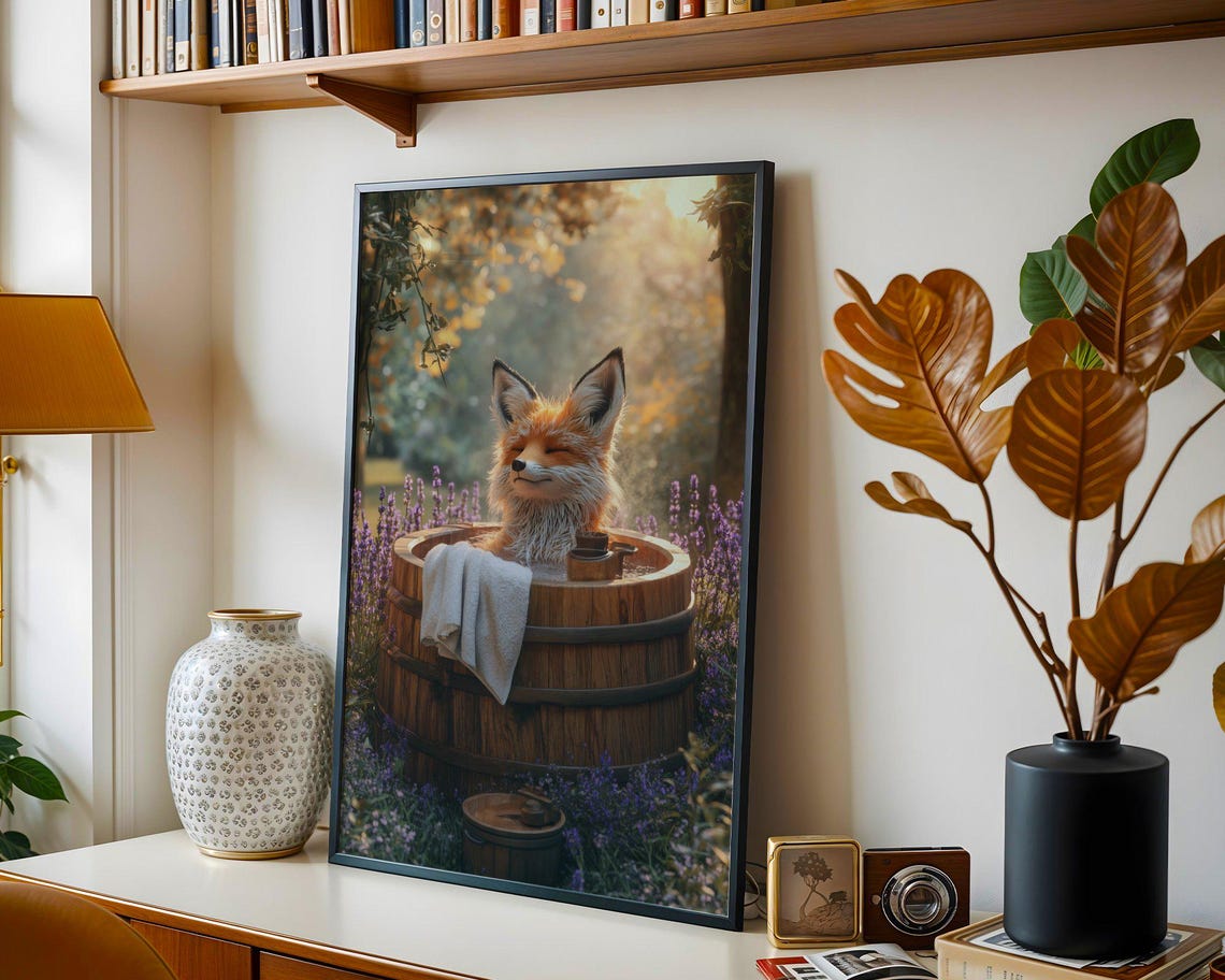 Fox Relaxing in a Wooden Barrel Tub Among Lavender Fields Poster - Image 4
