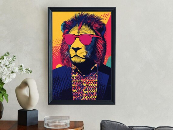 Bold Pop Art Lion In Pink Sunglasses And Suit On Halftone Poster