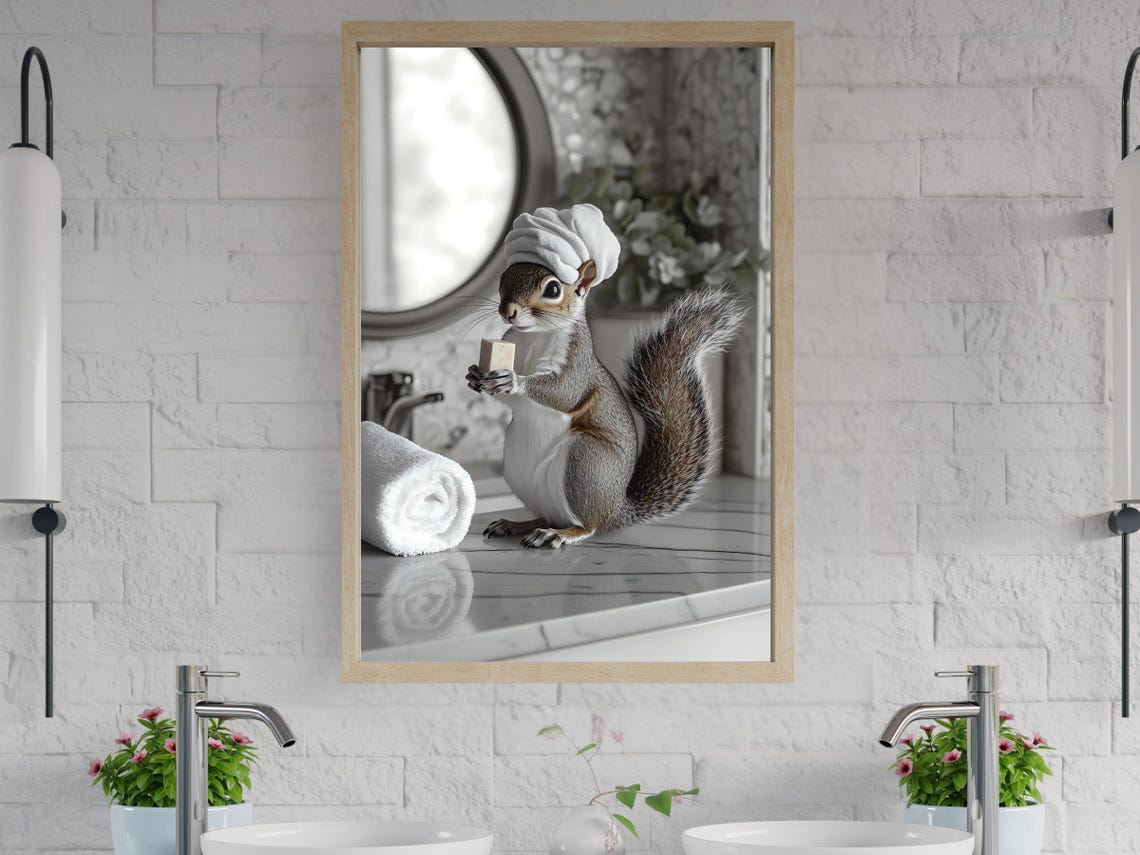 Cute Squirrel with Towel Turban Holding a Soap Bar Bathroom Poster