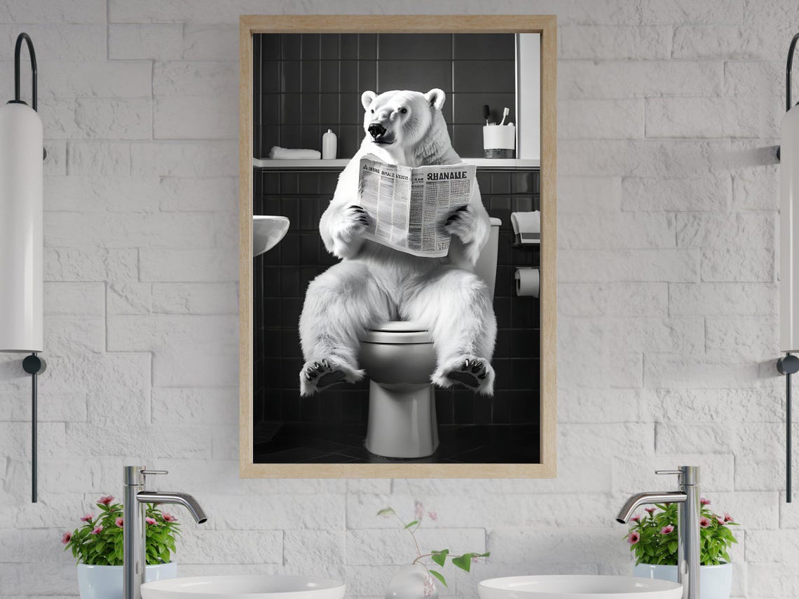 Polar Bear Reading Newspaper While Sitting on the Toilet Poster