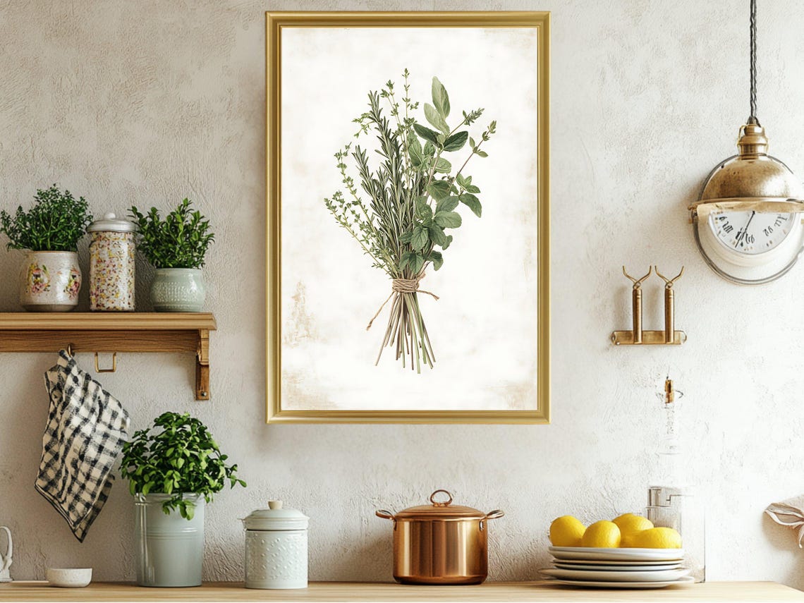 Fresh Herb Bouquet Watercolor Botanical Rustic Kitchen Poster