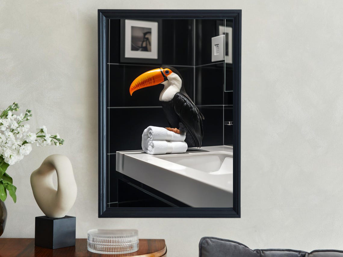 Vibrant Toco Toucan Perched on Folded Towels at the Sink Poster - Image 2