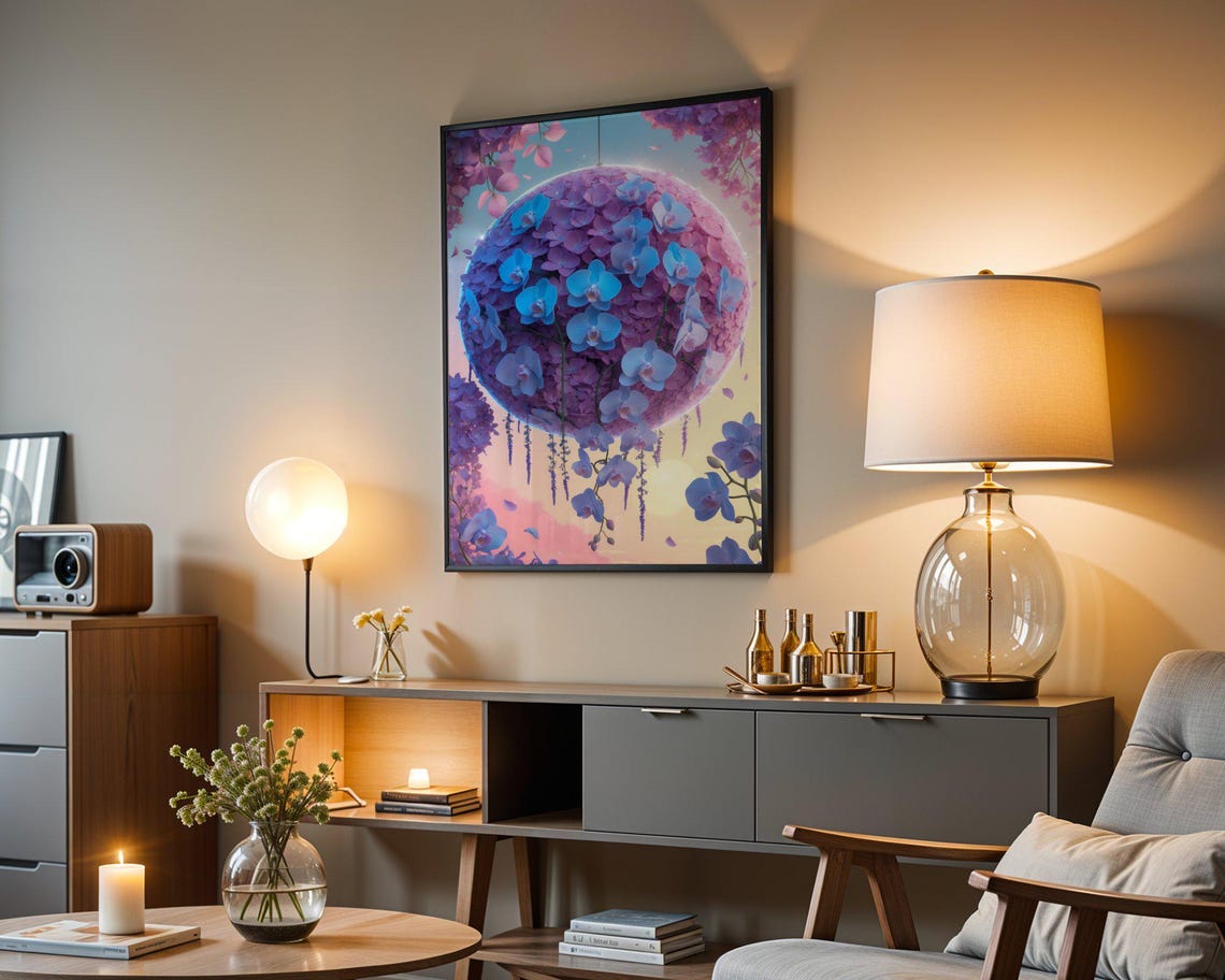Hanging Sphere Of Blue Orchids And Purple Hydrangeas Floral Poster - Image 3