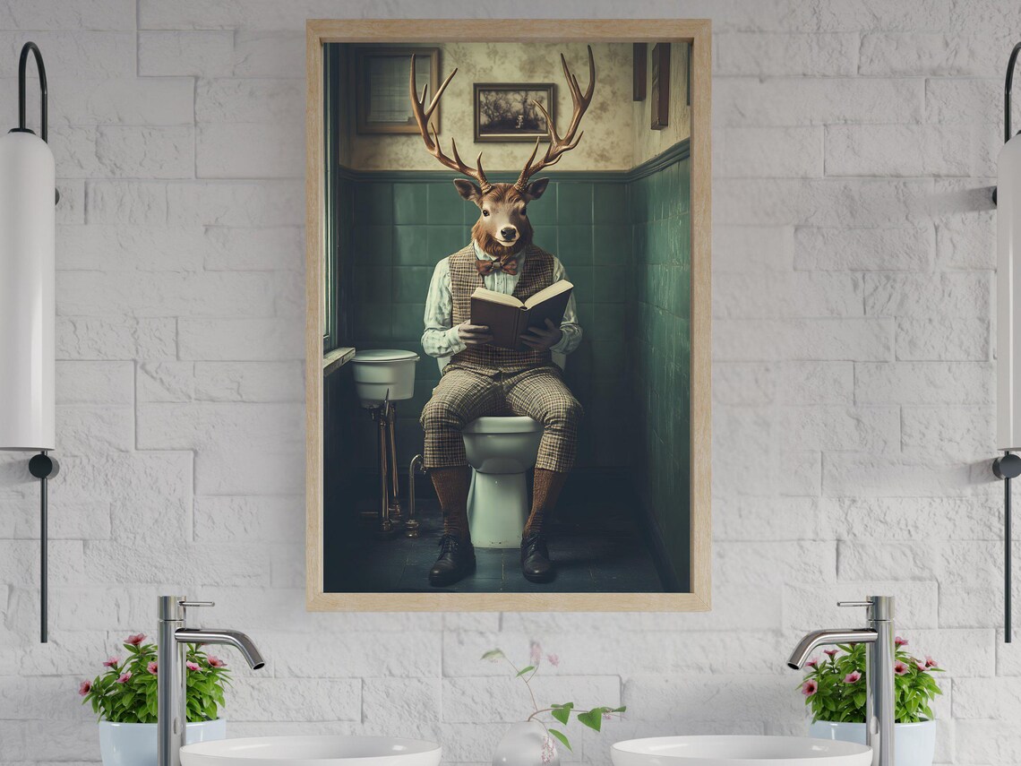 Gentleman Stag Deer in a Tweed Suit Reading on the Toilet Poster