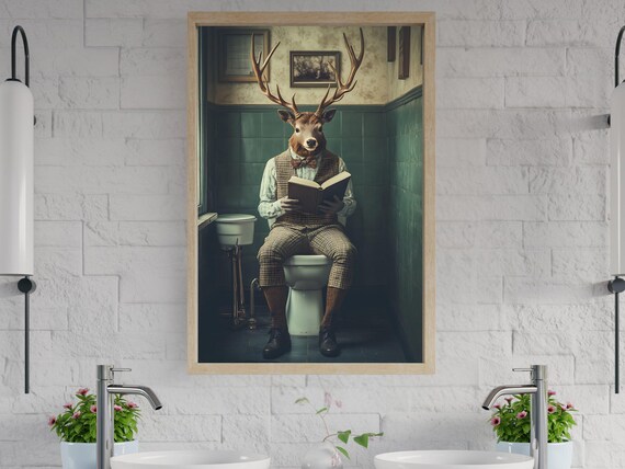 Gentleman Stag Deer in a Tweed Suit Reading on the Toilet Poster