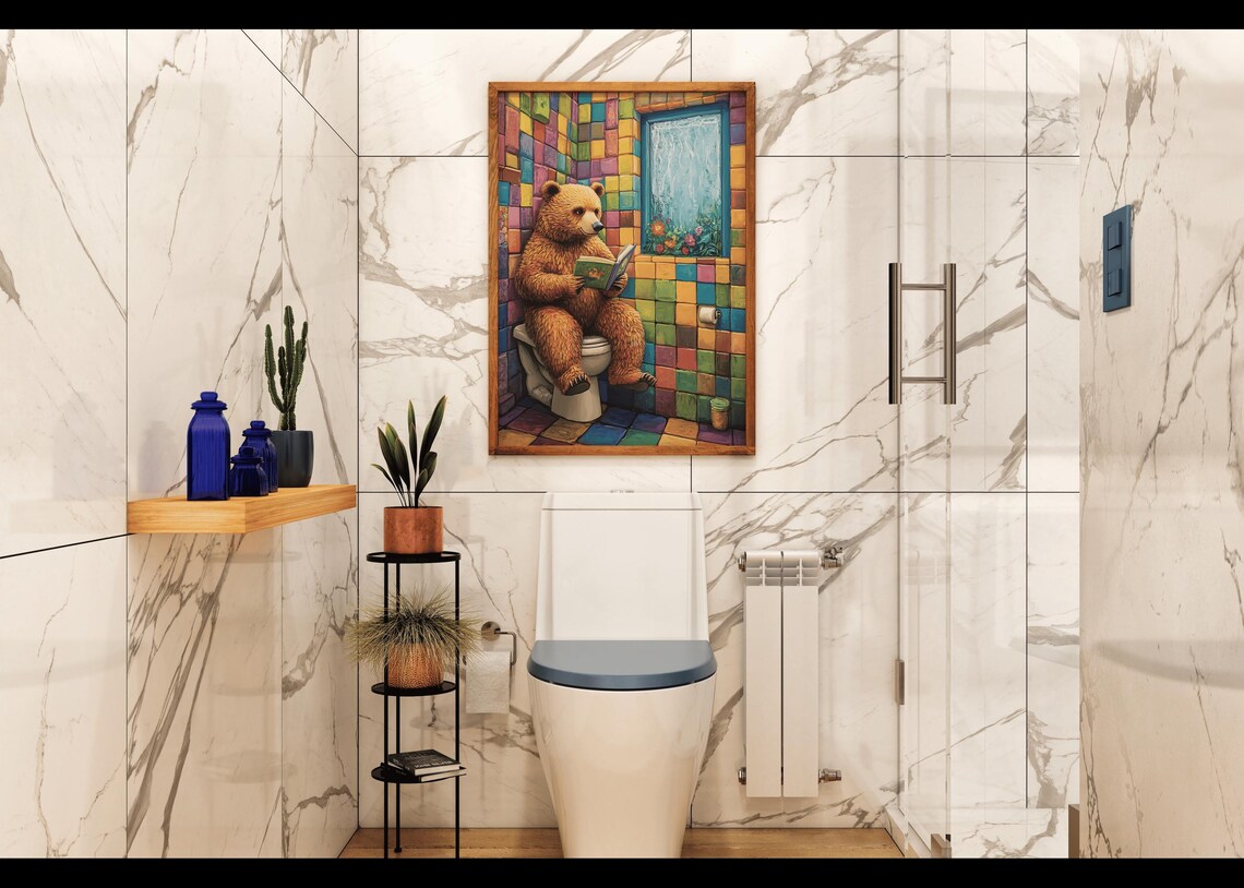 Brown Bear Reading Book Sitting On Toilet Colorful Bathroom Poster - Image 2