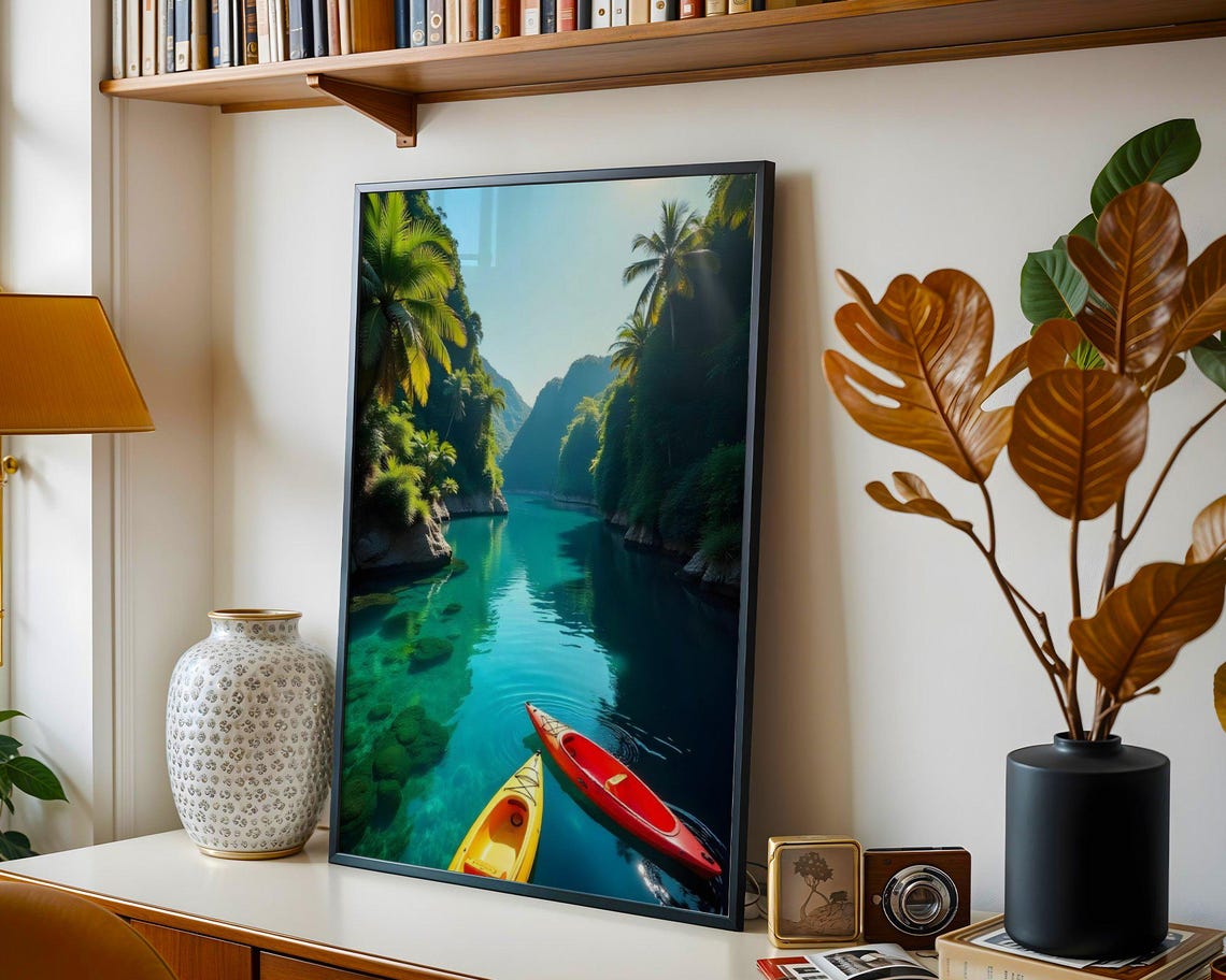 Red and Yellow Kayaks in Turquoise Jungle River Gorge Poster - Image 3