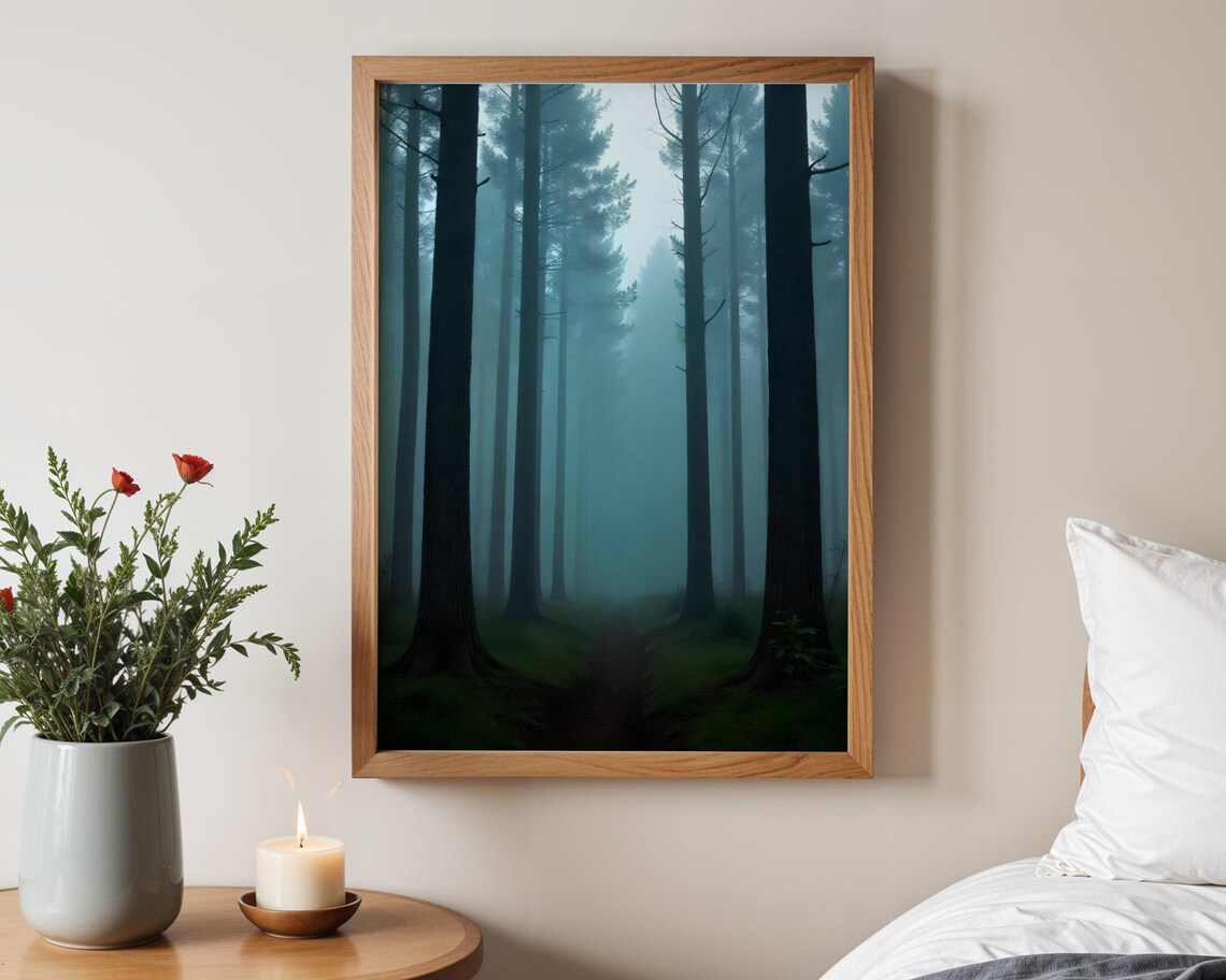 Mystical Forest Path Wall Art Enchanting Misty Trees Print Nature Photography Wilderness Decor Serene Landscape Poster Indoor