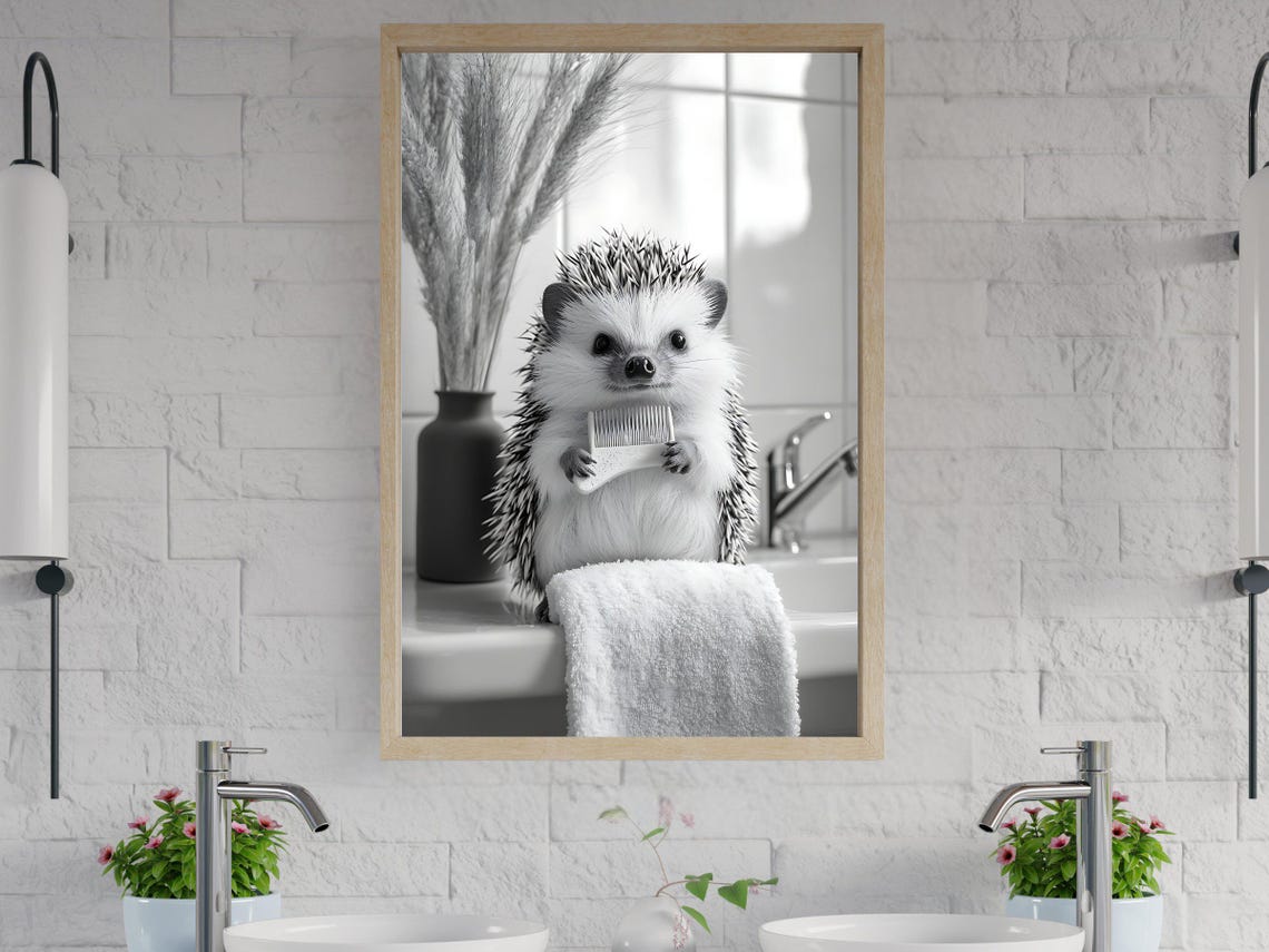 Hedgehog Holding a Comb While Perched on a Bathroom Sink Poster