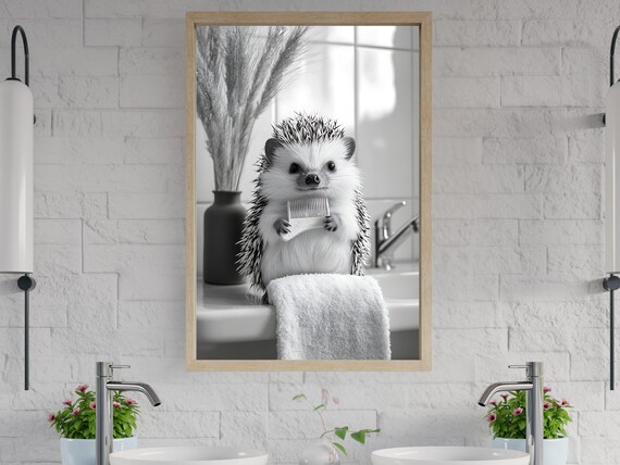 Hedgehog Holding a Comb While Perched on a Bathroom Sink Poster