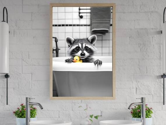 Adorable Baby Raccoon Peeking Over the Bathtub With a Rubber Duck Poster
