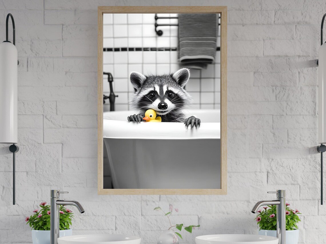 Adorable Baby Raccoon Peeking Over the Bathtub With a Rubber Duck Poster