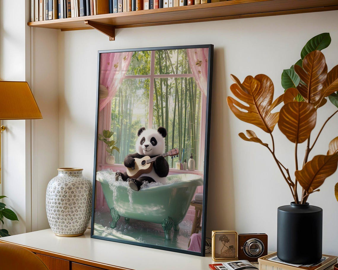 Smiling Panda Playing Ukulele in a Bubbling Green Bathtub Poster - Image 4