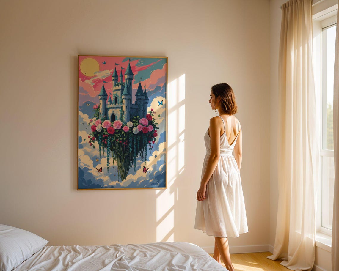 Floating Castle Among Clouds Covered In Roses And Hanging Vines Poster - Image 4