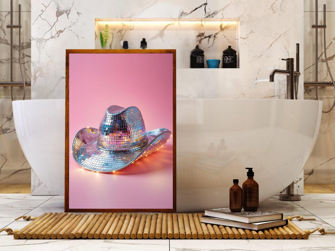 Disco Cowboy Hat Wall Art Print Retro Western Themed Home Decor Sparkling 80s Disco Style Poster Unique Gifts Pink Background Decor - Image 2
