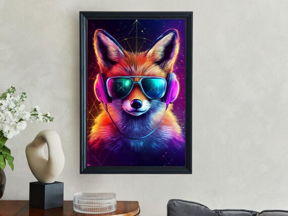 Neon Fox With Headphones And Sunglasses In Psychedelic Glow Poster