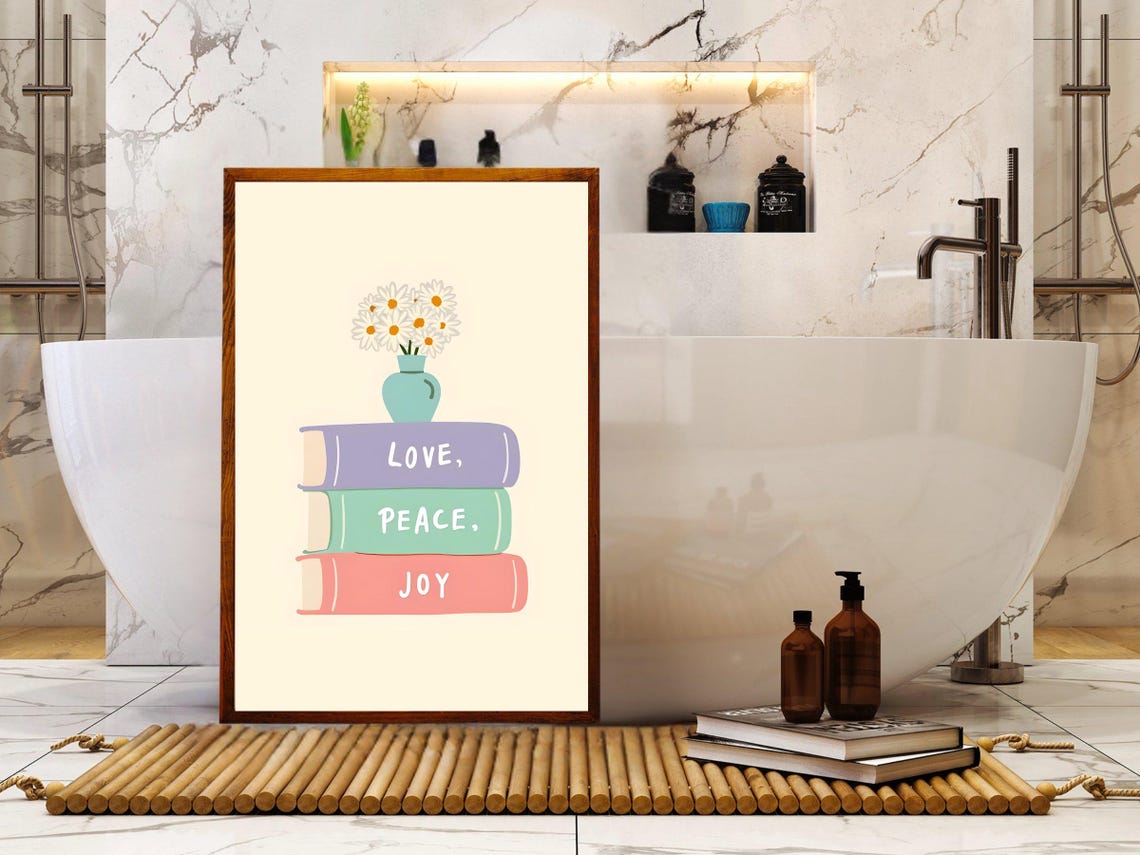 Love Peace Joy Book Stack with Daisy Vase Pastel Floral Wall Art - Image 2