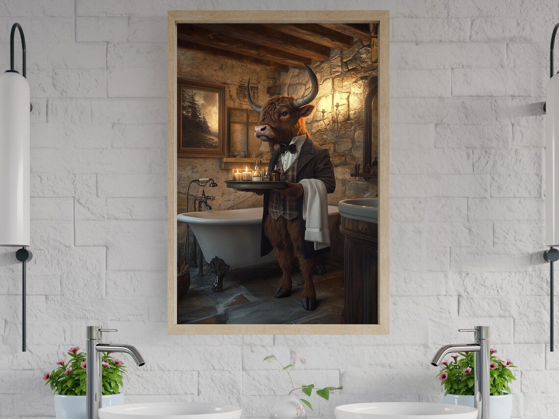 Highland Cow Butler Holding a Tray in a Rustic Bathroom Poster