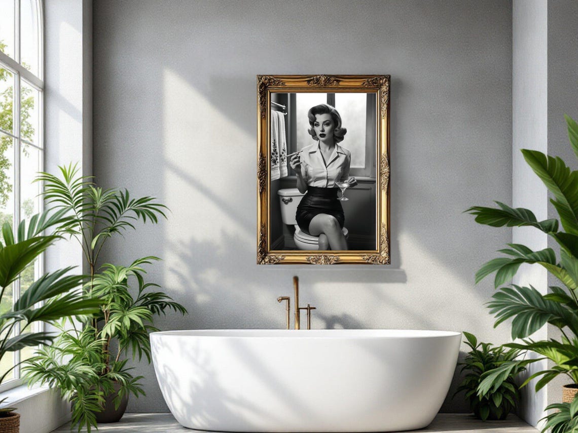 Retro Pin Up Woman With a Martini Sitting on a Toilet Poster - Image 3