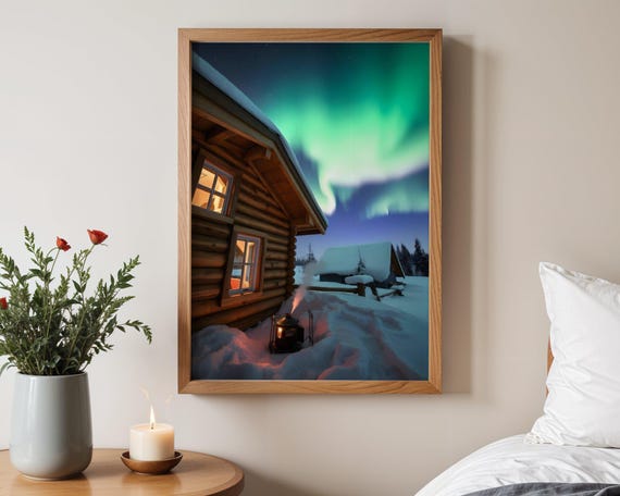 Northern Lights Cabin Wall Art Winter Wonderland Print Snowy Night Home Decor Cozy Cabin In Snow Artwork Aurora Borealis